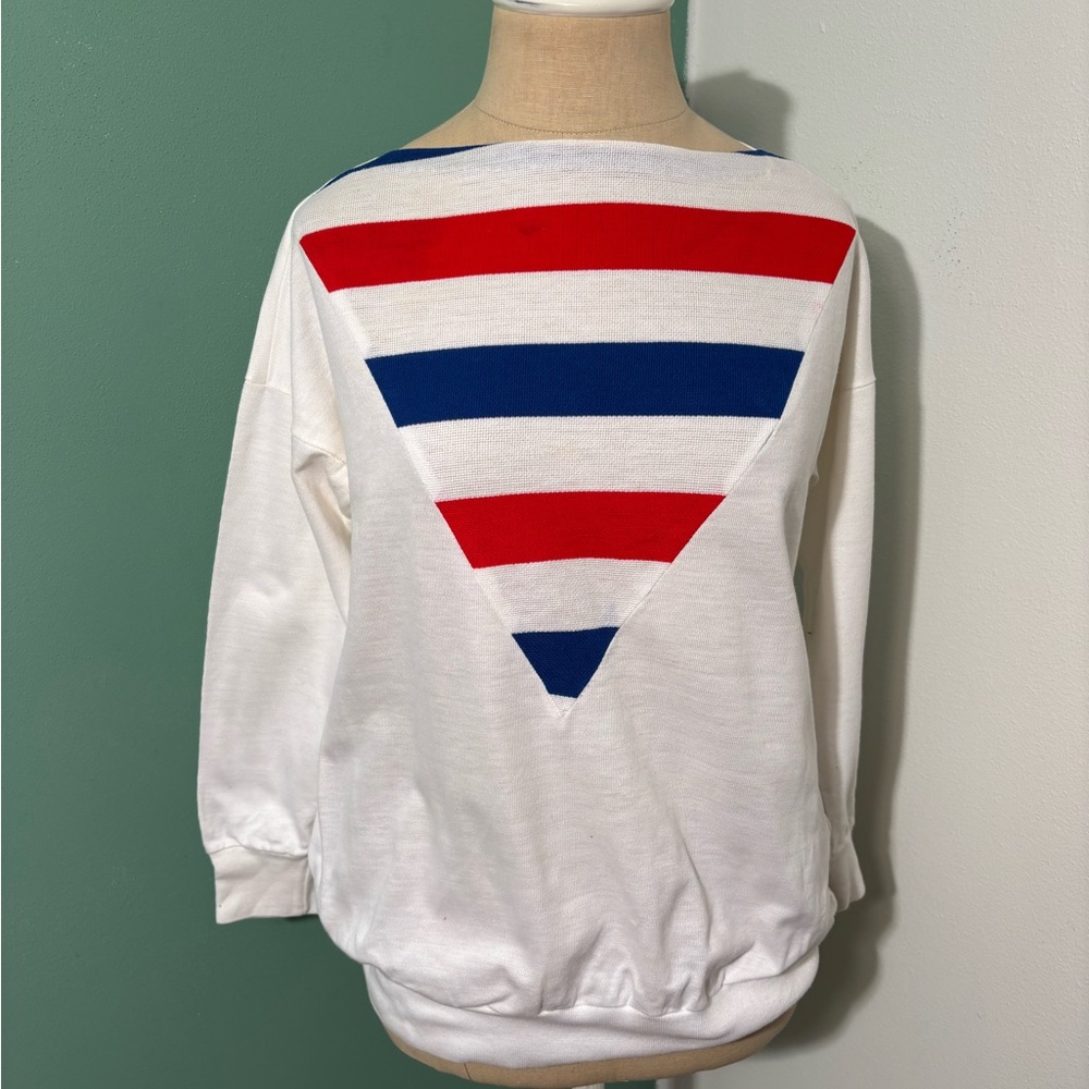 Vintage 1960’s White Sweatshirt with Red and Blue Stripes